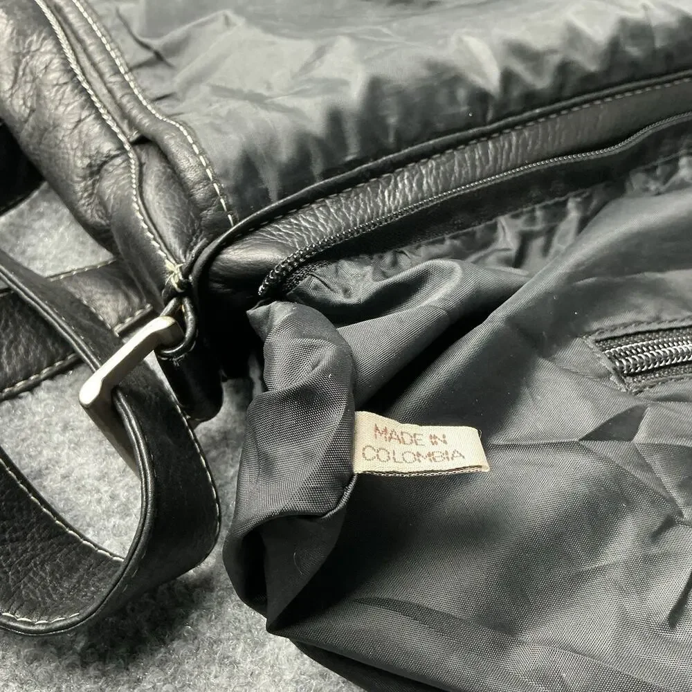 Vintage Black Pebbled Leather Messenger Bag Made in Colombia Striped Crossbody